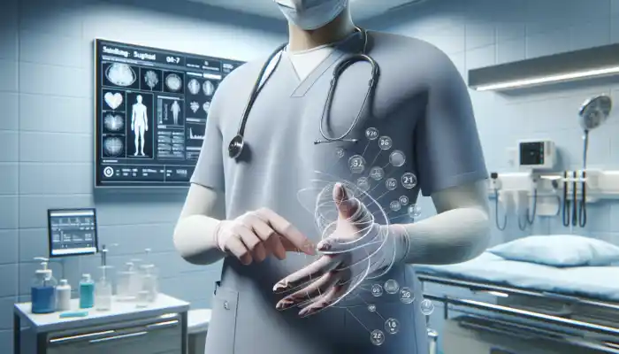 A UK healthcare worker in sterile gloves performing a precise procedure with enhanced dexterity and protection against contamination.