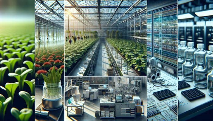 Illustration of a split-panel: greenhouse with misting systems and plants, pharmaceutical lab protecting vials, and electronics factory shielding circuits.