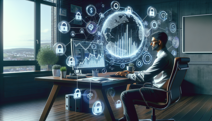 A focused entrepreneur in a Bournemouth office analyzes SEO ROI graphs on a computer, with GDPR lock icons for data compliance.