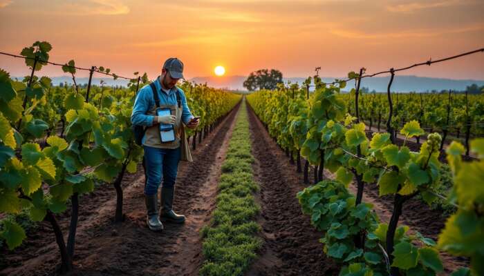 Workers in a vibrant vineyard at sunrise test soil pH, spread compost, and plant cover crops for nutrient balance.