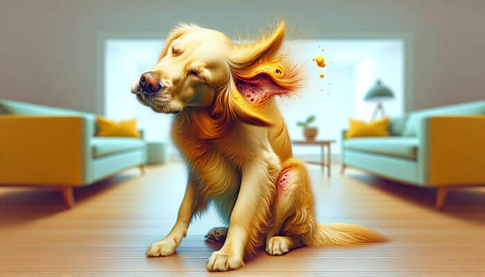 Ear Infection Treatments For Pets: A golden retriever dog with ear infection symptoms: scratching its ear, shaking its head, and yellow discharge in a bright home.