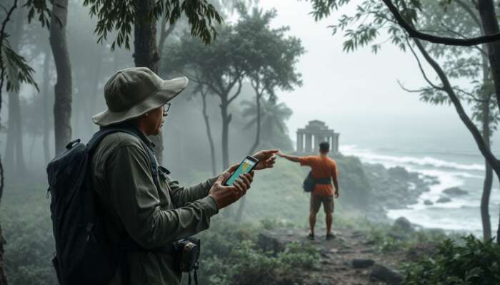 A determined explorer in a misty forest checks a map app on their phone as a guide points to a hidden trail leading to a secret beach with vibrant waves and ancient ruins.