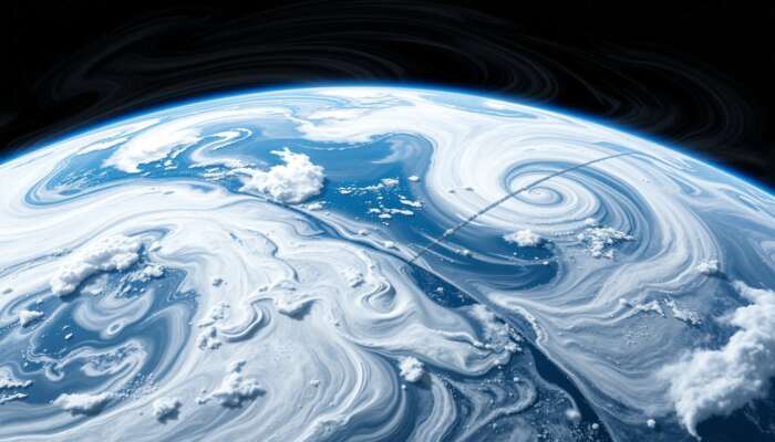 Illustration of Earth from space: swirling storm clouds over tropical rainy seasons, droughts elsewhere due to global climate variations like El Niño.