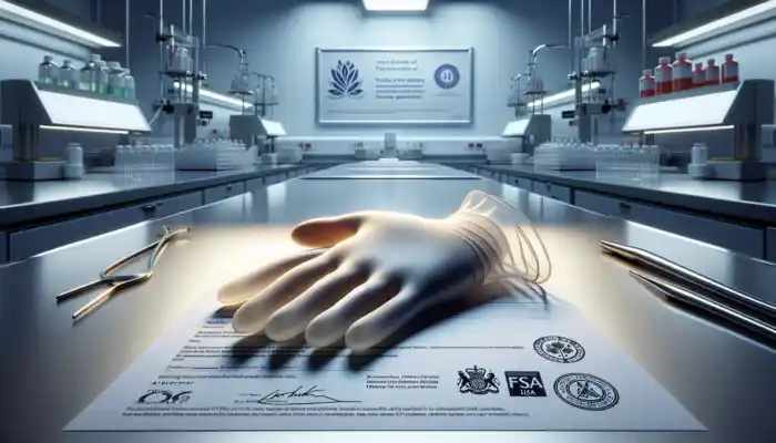 Close-up of translucent polythene gloves on a sterile lab table with FSA and HSE certificates in a modern UK facility.