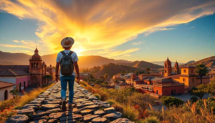 A curious traveler walks a winding path from San Miguel de Allende's colonial streets to Guanajuato's historic hills at golden sunset.