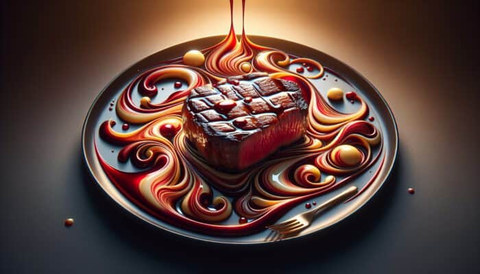 Close-up of a gourmet plate with swirling crimson and golden sauce on seared steak, creating intricate, glossy patterns under warm spotlight.
