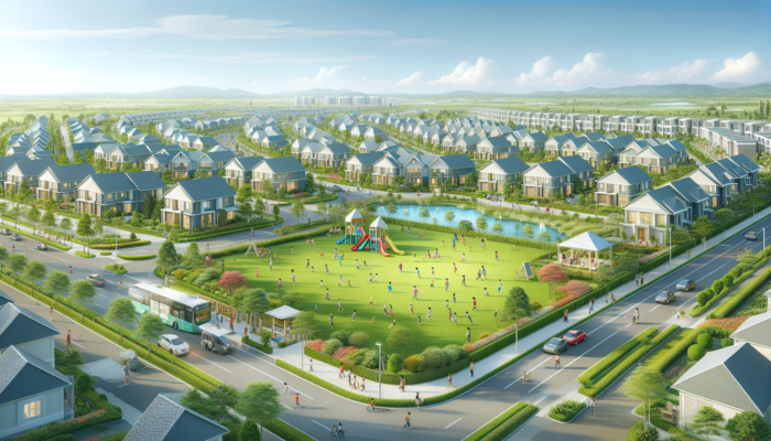 A vibrant mid-market neighborhood featuring spacious family homes, lush parks, children playing, schools, and bustling shopping centers under a blue sky.