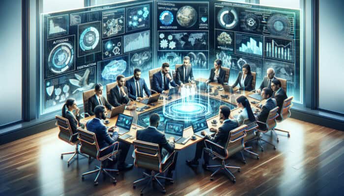 Business executives in a boardroom analyse holographic merger risks, with a virtual assistant projecting scenario simulations and alerts on charts.