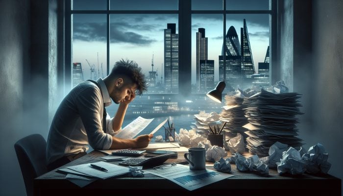 Stressed individual reviewing documents at a cluttered desk with bills, transitioning to a serene scene of financial freedom with ledgers and the London skyline at dusk.