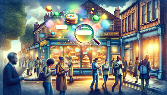 SEO in Kingswood, Gloucestershire for Small Business: A bustling Kingswood street with locals using smartphones to search for a top-ranked bakery, featuring floating keywords and a magnifying glass symbolising SEO.