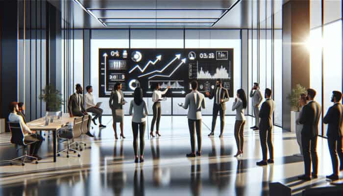 Diverse professionals in a modern office huddling with new members, engaging in training and projects, with graphs showing team growth.