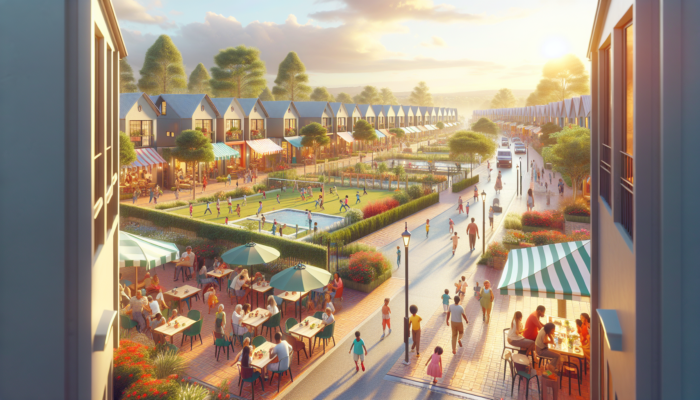 Vibrant mid-market neighbourhood in Lephalale, with affordable family homes in Onverwacht and Marapong, lush parks, shopping streets, and families under a sunny sky.