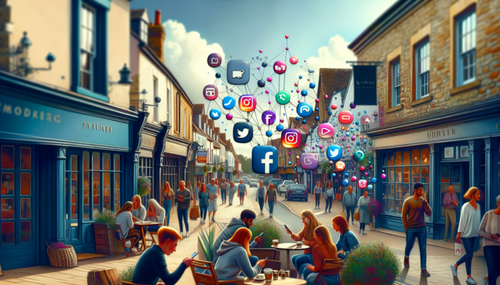 Social Media Marketing in Chipping Campden Gloucestershire: A vibrant street in historic Chipping Campden with local shops, people on smartphones, and floating icons of Facebook, Instagram, Twitter, LinkedIn, and TikTok.