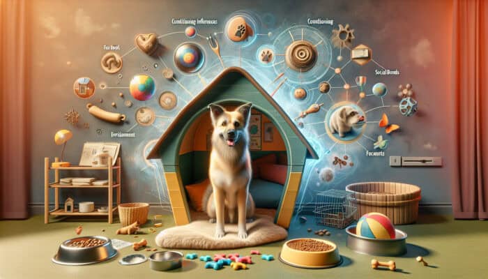 A curious dog in a cozy home, surrounded by food bowls, toys, and a secure den, interacting with its owner and other pets.