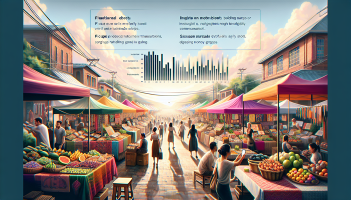 Bustling local market with WooCommerce stalls showing handmade goods on screens, customers browsing apps, rising sales graphs under sunny sky.