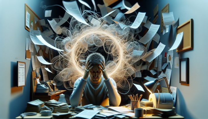 Stressed individual in cluttered UK home office, surrounded by debt letters and forms, looking overwhelmed, with glowing Citizens Advice sign in background.