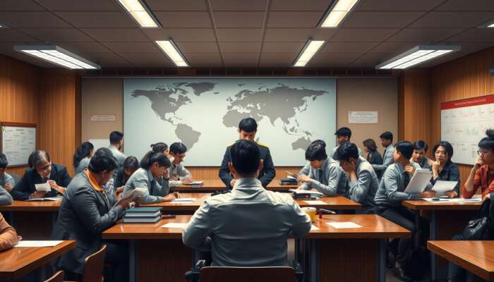 Busy embassy lobby with diverse travellers reviewing visa forms at wooden tables, as an official stamps documents against a world map.
