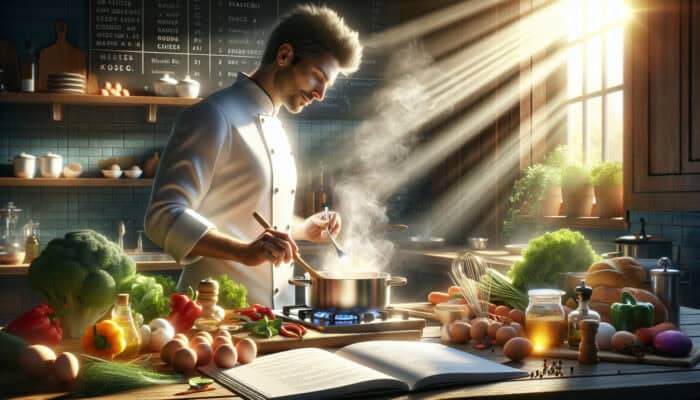 A confident chef in a sunlit kitchen chops vegetables, whisks eggs, stirs a pot, surrounded by vibrant ingredients and recipe books.