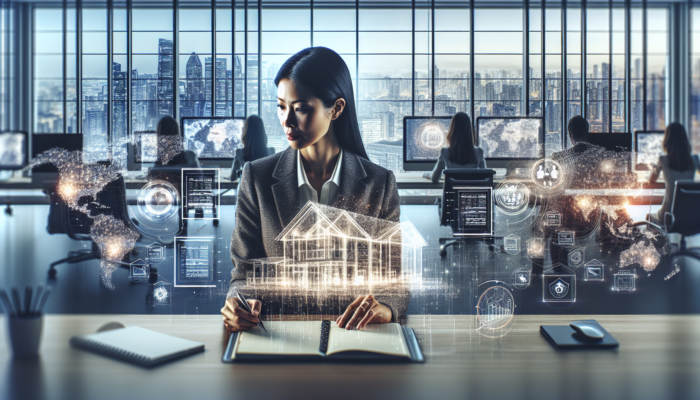 A real estate analyst in a modern office, surrounded by screens displaying property listings, graphs, and maps, holding a notepad with city views.