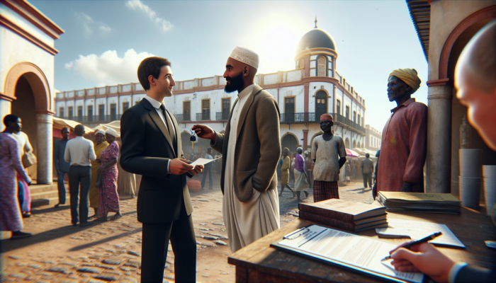 In Makhanda, a real estate agent discusses rentals with tenants outside a historic colonial building, under a sunny sky with market stalls and locals.