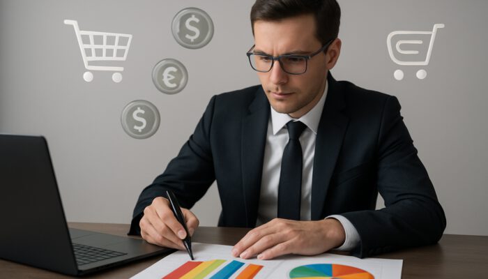 Focused financial advisor analyzing BNPL balance charts merging into a payment plan with floating shopping carts.