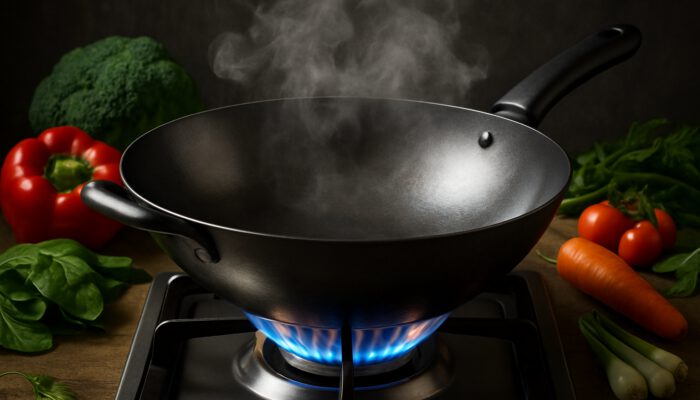 Shiny carbon steel wok on a gas stove with a rounded base, ergonomic handles, fresh vegetables, and steam for perfect stir-frying.