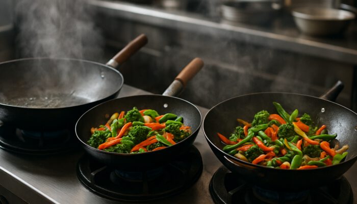 Three woks in a lively kitchen: a large wok with sparse ingredients, a small wok overloaded with vegetables, and a medium wok for ideal stir-frying.