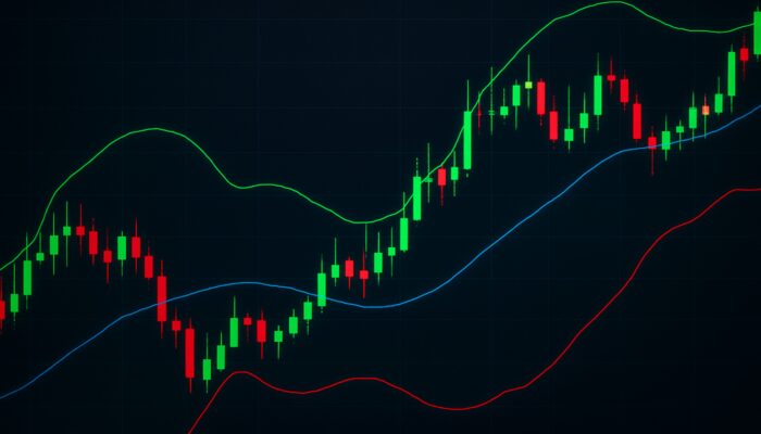 Cryptocurrency chart with Bollinger Bands: blue moving average and green/red volatility bands illustrating price fluctuations.