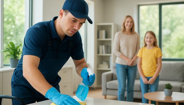A professional janitor in uniform diligently cleaning an office and home in Queen Camel, ensuring satisfaction among residents.