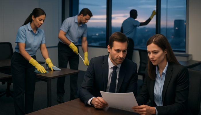 A professional janitorial team efficiently cleaning a modern office at dusk, with clients reviewing service agreements.