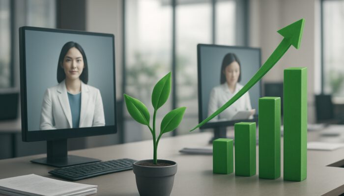 Modern office with virtual assistants on screens handling paperwork and rising graphs showing cost savings and growth.