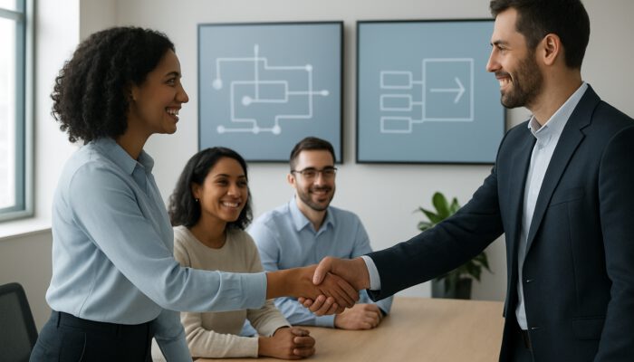 Diverse team in modern office reviews processes on digital screens and shakes hands with consultants.