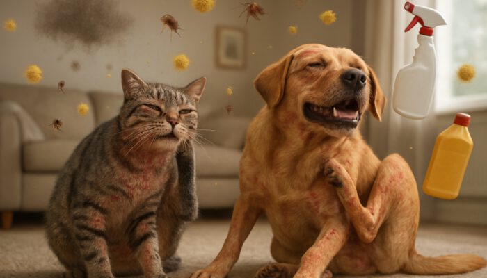 Distressed cat and dog scratching itchy rashes from pollen, fleas, and household chemicals.