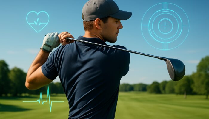 A professional golfer mid-swing on a fairway, wearing a fitness tracker displaying heart rate and swing metrics.