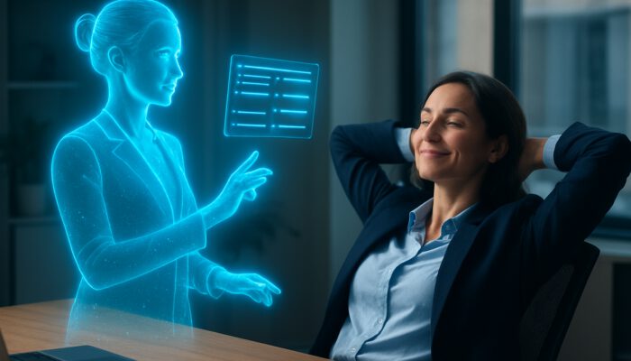 Holographic virtual assistant in blue light aids professional in organising schedules on a floating screen.