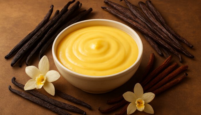 Vibrant still life of dark Madagascar, floral Tahitian, and spicy Mexican vanilla beans surrounding a golden custard bowl.