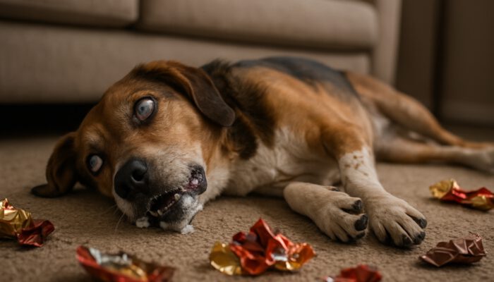 Dog convulsing on living room floor, foam at mouth, surrounded by chocolate wrappers.