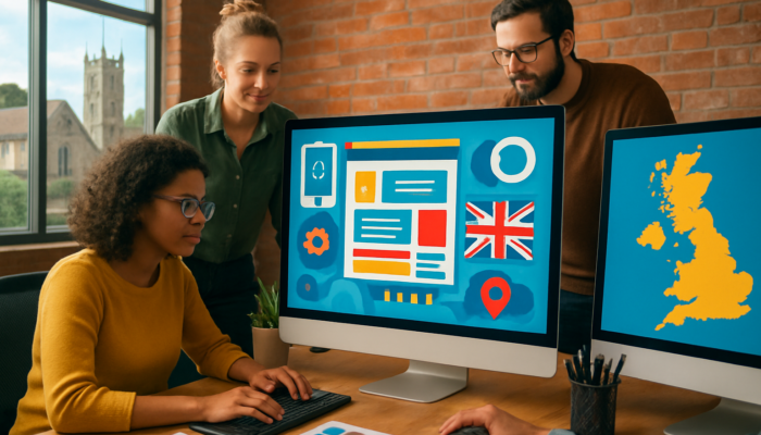 Lively Bridport office with designers crafting SEO-optimised WordPress sites featuring local UK landmarks.