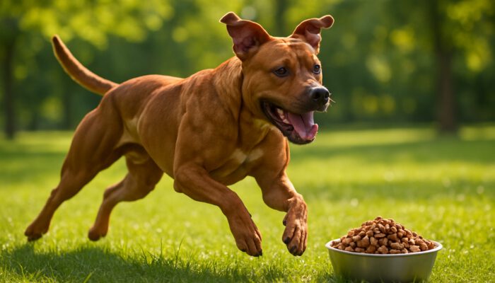 Strong dog running in sunny park with a high-protein kibble bowl nearby.