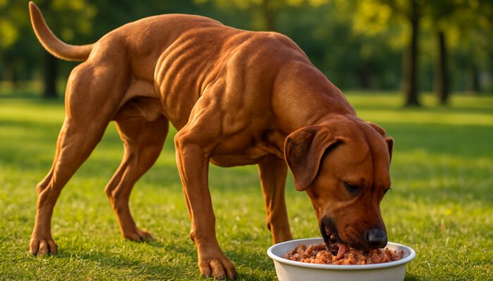 Strong dog enjoying a high-protein meal in a sunlit park after exercise.