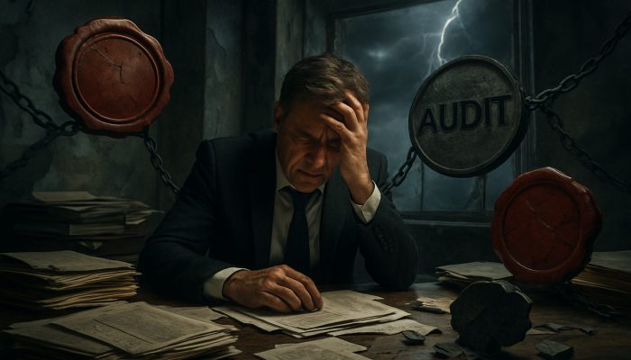 Stressed executive amid HMRC penalties, audits, and shattered reputation in crumbling office