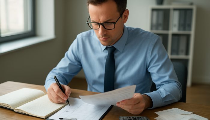 Accountant cross-referencing ledgers with invoices and receipts using checklist on wooden desk in modern office