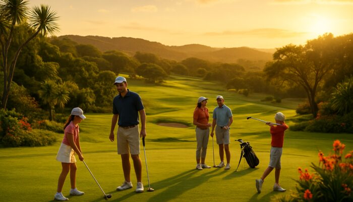 Families golfing and socialising at Umhlali Country Club amid lush hills and a golden sunset in South Africa