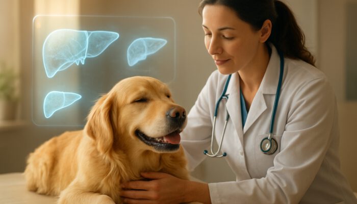 Vet examining relaxed golden retriever with holographic liver scans in a sunlit clinic illustration