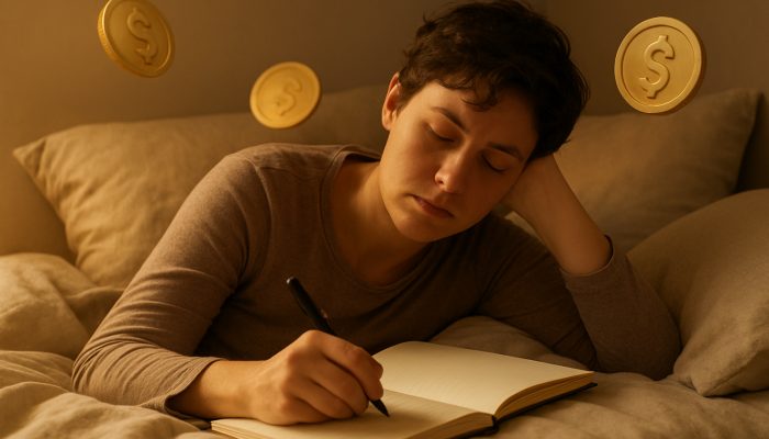 Exhausted individual resting in bed while drafting a gentle debt repayment plan in a journal, illuminated by warm golden light