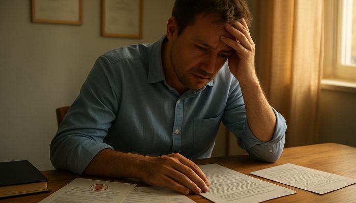 Concerned person at a sunlit desk with medical certificates, bills, and letter requesting creditor relief
