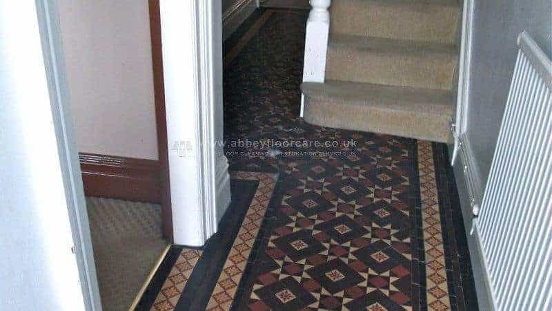 Victorian tile hallway in Derby after cleaning showing restored colour and even low sheen finish