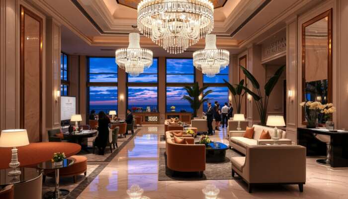 Opulent hotel lobby at dusk showcasing crystal chandeliers, plush velvet seating, marble floors, staff serving champagne, and elegantly dressed guests.
