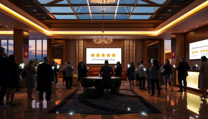 Luxurious hotel lobby at dusk, featuring guests reviewing five-star ratings and positive reviews on smartphones, highlighting the significance of ratings in travel decisions.
