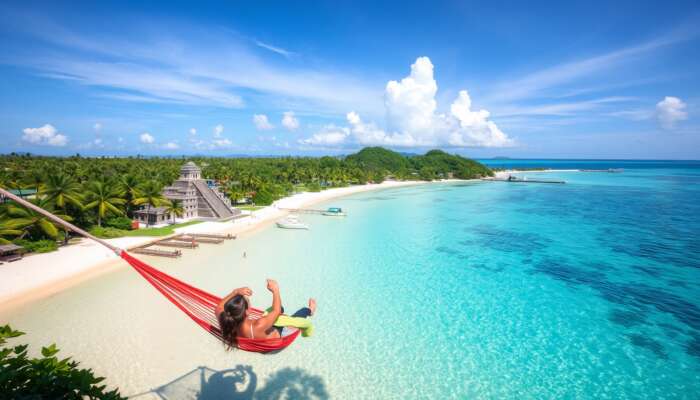 Belize coastal scenery: turquoise waters, palm-fringed beaches, explorers at Mayan ruins in lush forests, and travellers relaxing in hammocks at sunset.